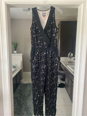 Vince Camuto Black Lace Sleeveless Jumpsuit with V-Neck